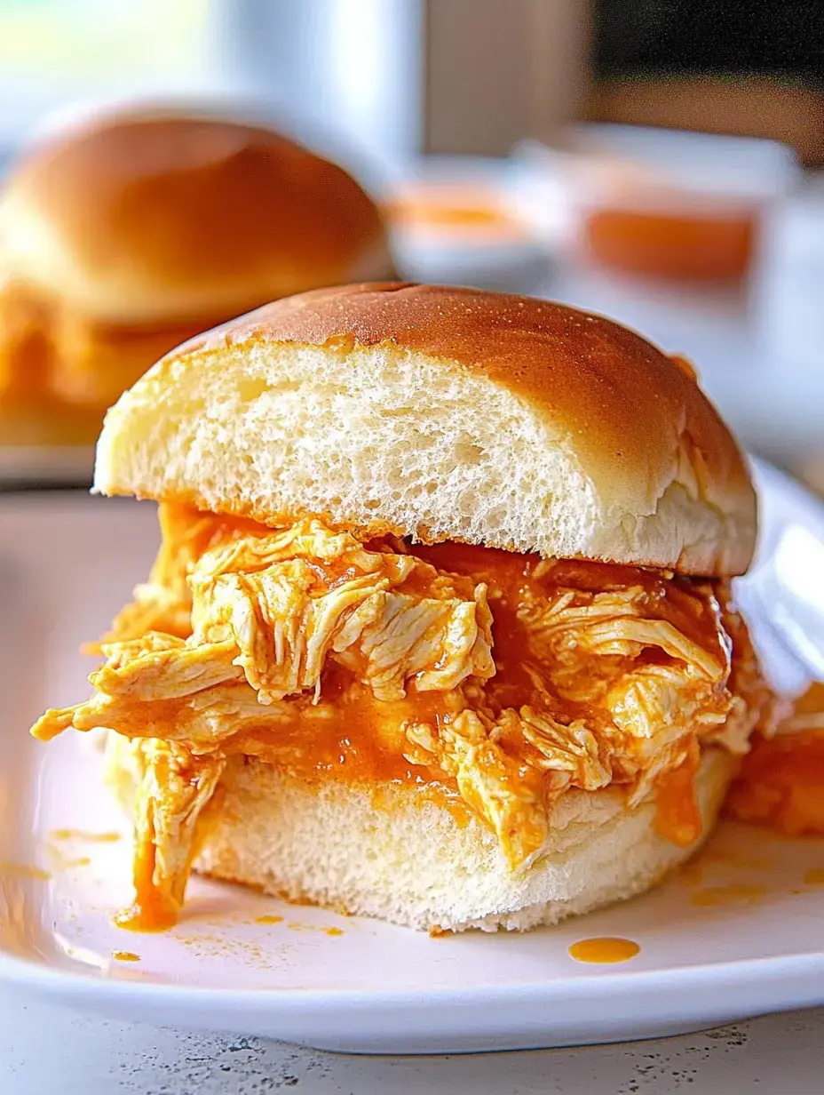 A close-up of a pulled chicken sandwich with a glossy orange sauce, featuring a soft bun and shredded chicken spilling out.