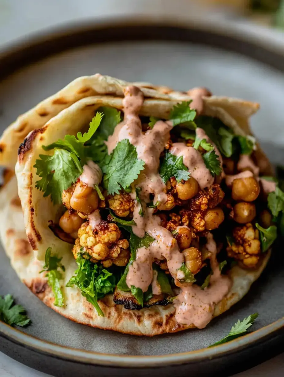 A close-up of a vegetarian taco filled with roasted cauliflower, chickpeas, and fresh cilantro, drizzled with a pink sauce, served on a toasted flatbread.