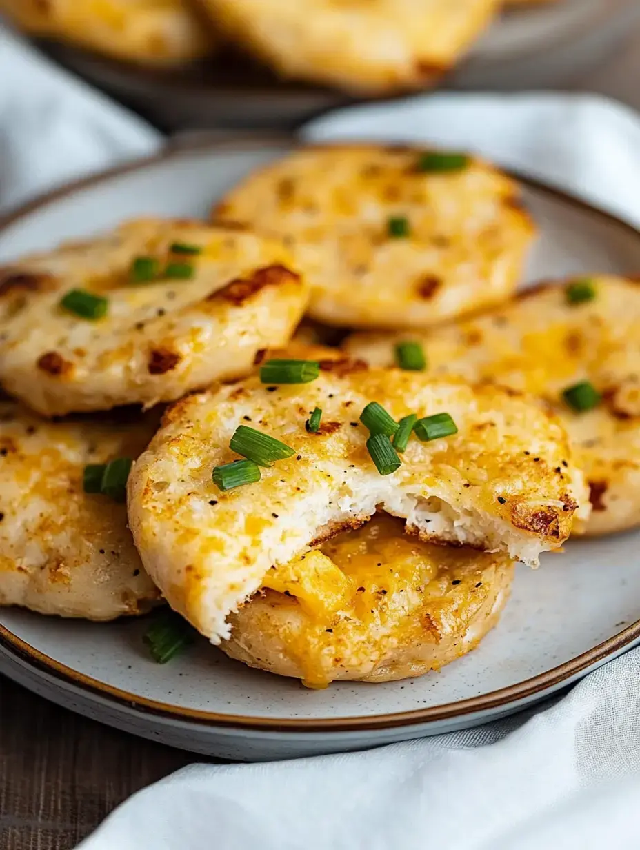 A plate of golden, cheesy biscuits garnished with chopped green onions, with one biscuit partially broken open to reveal a gooey cheese filling.