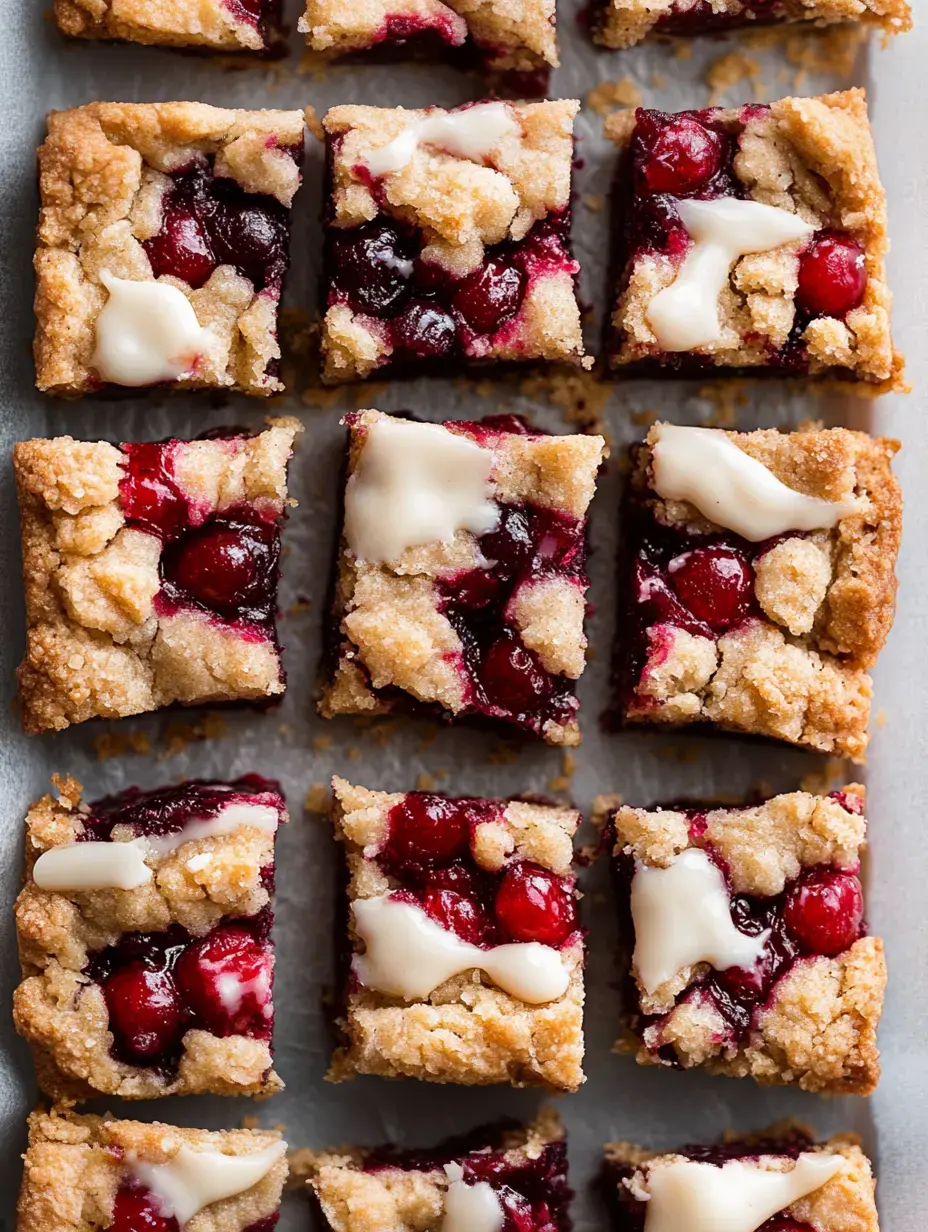 A close-up of a perfectly baked tray of cranberry dessert bars topped with a creamy icing and fresh cranberry filling.