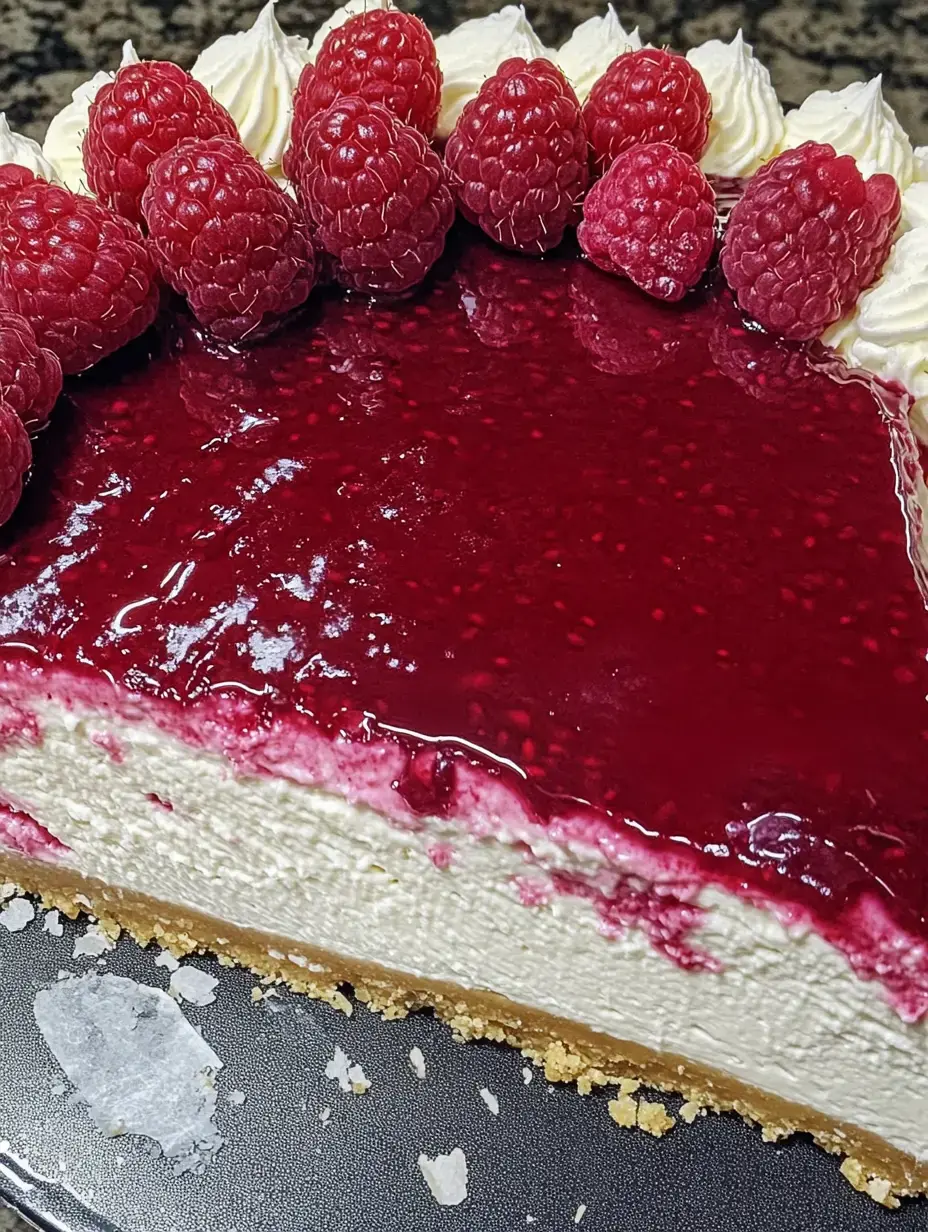 A sliced raspberry cheesecake with a glossy raspberry topping and a crumbly crust, decorated with fresh raspberries and whipped cream.