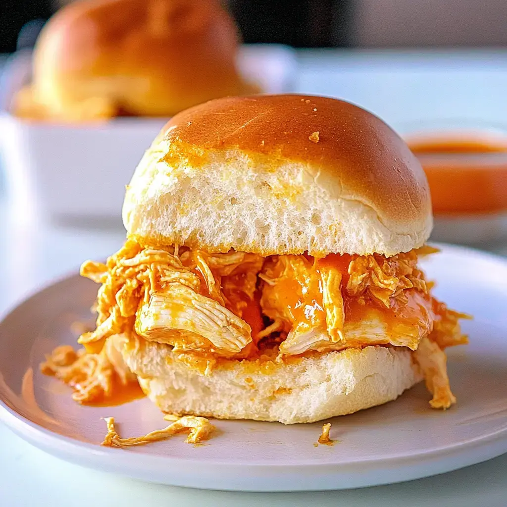 A close-up of a pulled chicken sandwich with a shiny bun and a side of sauce.