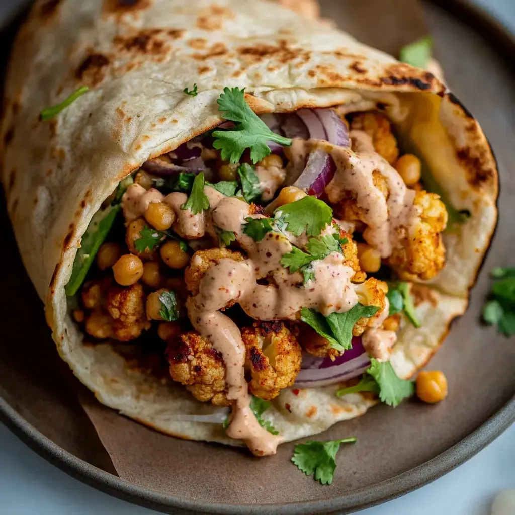 A close-up of a tortilla wrap filled with roasted cauliflower, chickpeas, red onions, and drizzled with a sauce, garnished with fresh cilantro.