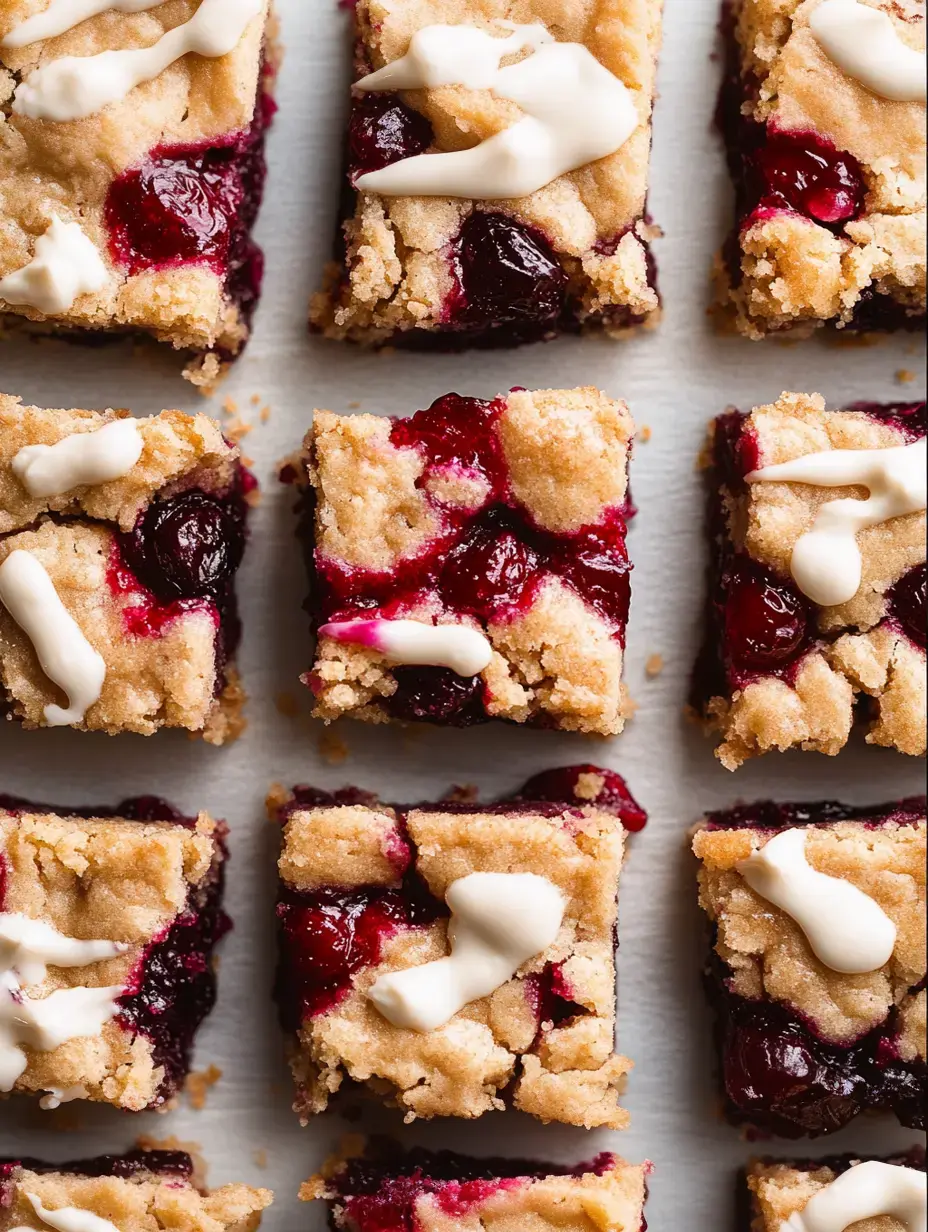 A close-up of square berry bars topped with a drizzle of white icing, arranged in a neat grid on parchment paper.