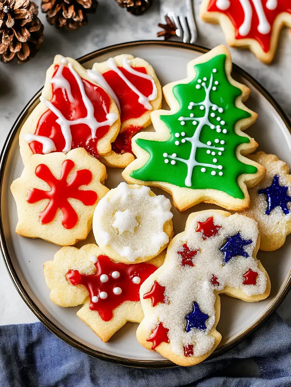 A plate of decorated Christmas cookies in various shapes, including a Christmas tree, snowflakes, and candy canes, adorned with colorful icing and sprinkles.