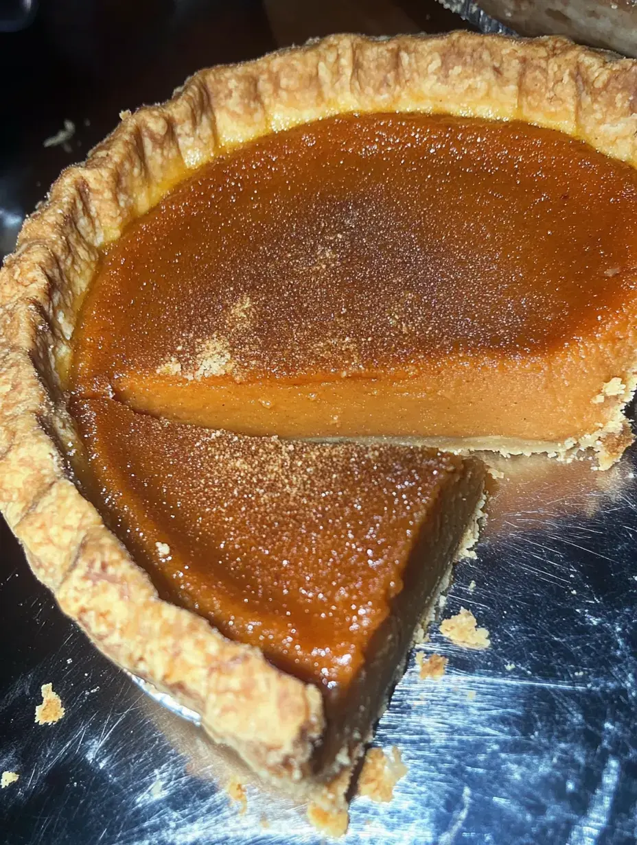 A slice of pumpkin pie is partially removed from the whole pie, showcasing its smooth, rich filling and golden crust.