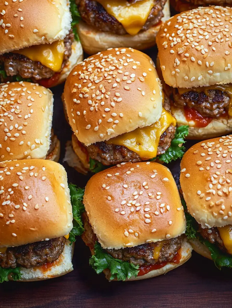 A close-up view of several sesame seed-topped cheeseburgers stacked with lettuce and ketchup on a wooden surface.