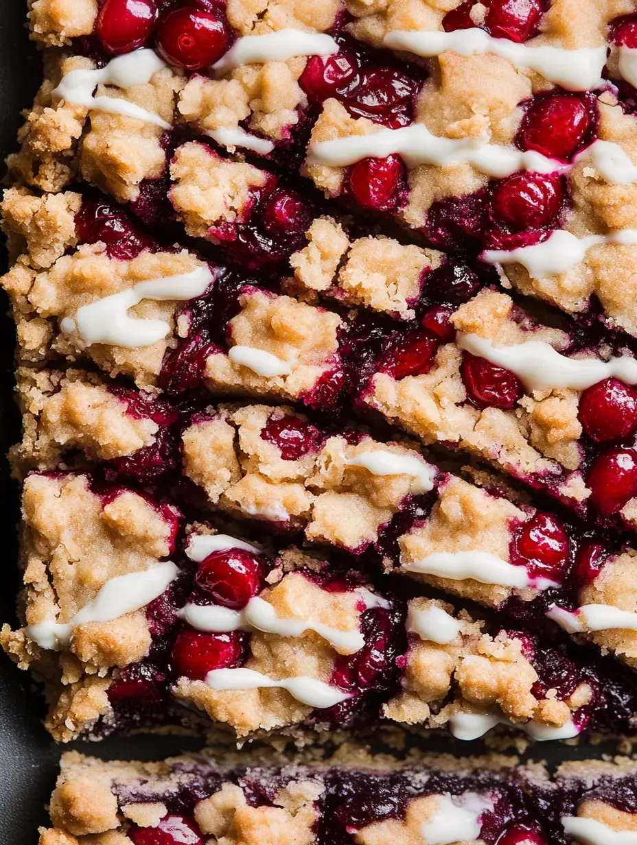 A close-up of a baked dessert topped with red berries and a drizzle of white icing, cut into squares.