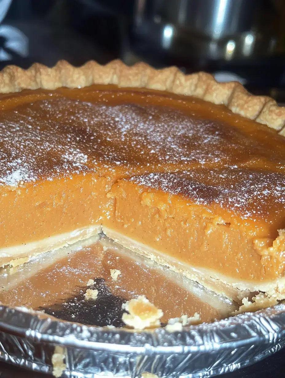 A close-up view of a pumpkin pie with a slice removed, revealing its smooth, orange filling and a flaky crust dusted with powdered sugar.