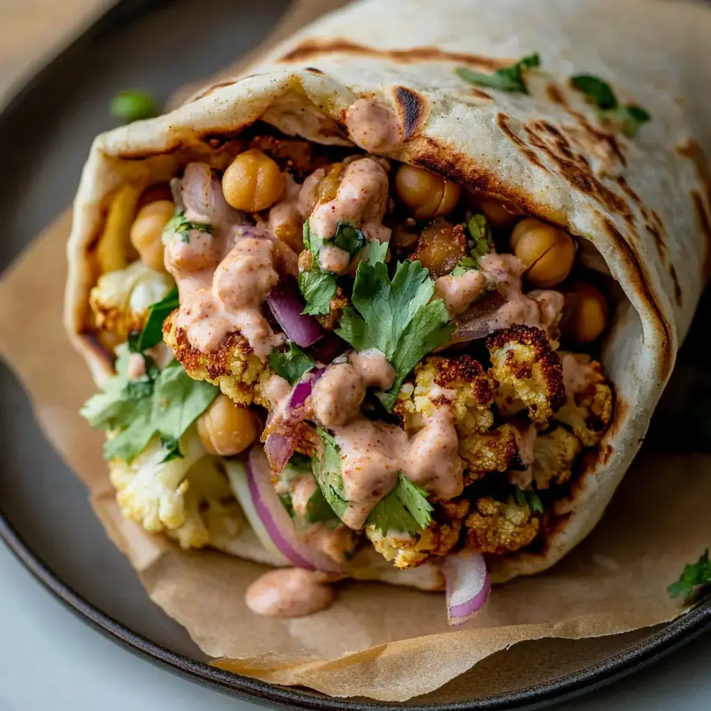 A close-up of a delicious wrap filled with roasted cauliflower, chickpeas, red onions, and topped with a creamy sauce and fresh cilantro.