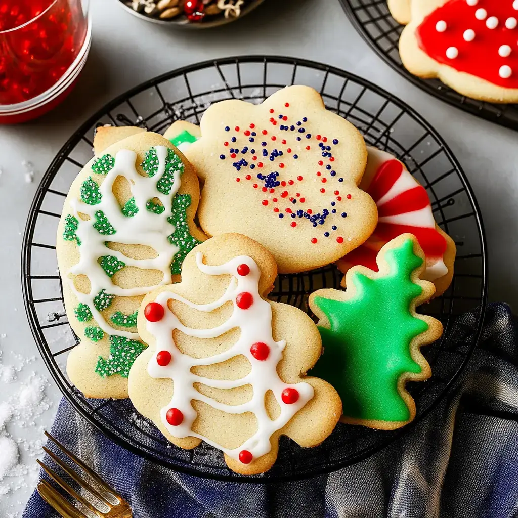 A black wire rack holds various decorated Christmas cookies, including tree shapes and festive designs, surrounded by red and green colors, with a fork and a napkin underneath.