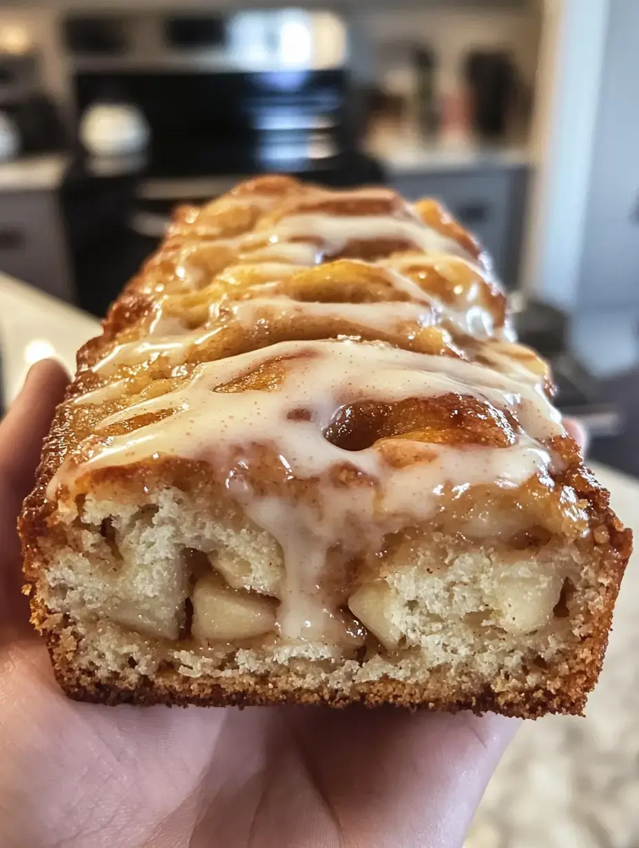 A hand holds a sliced loaf cake showcasing a moist, apple-filled interior and a glaze on top.