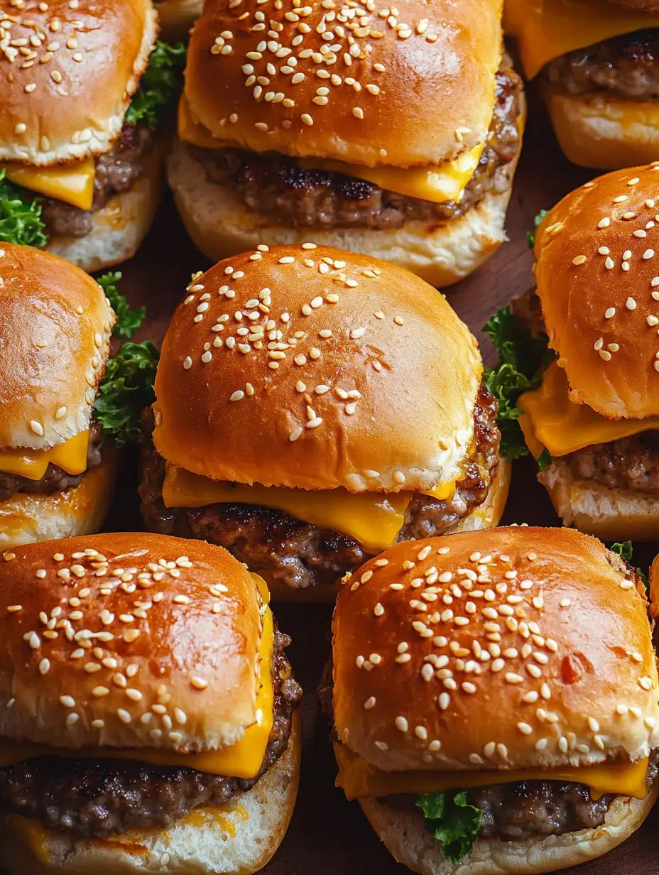 A close-up of several cheeseburgers with sesame seed buns, lettuce, and melted cheese.