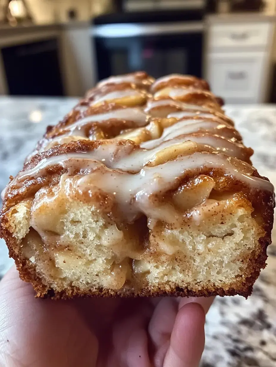 A person holding a loaf of glazed cinnamon apple bread, showing its moist interior and topping.