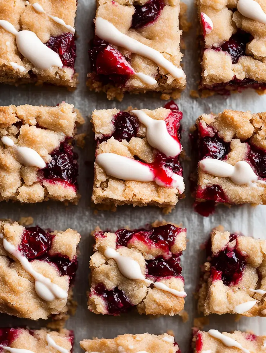 A close-up view of square crumb bars with a fruit filling, drizzled with white icing, arranged neatly on a white surface.