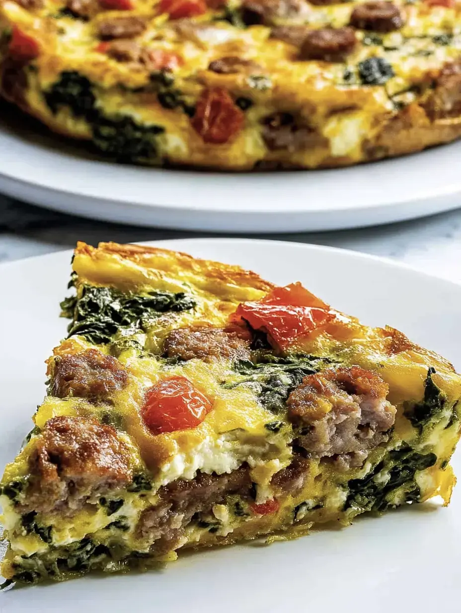 A slice of frittata featuring sausage, spinach, and tomatoes on a white plate, with the whole frittata partially visible behind it.