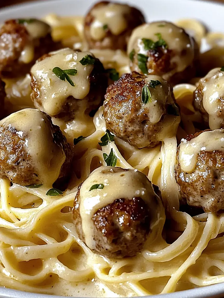 A close-up of spaghetti topped with meatballs and a creamy sauce, garnished with fresh herbs.