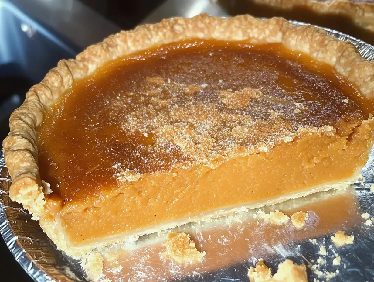 A slice of pumpkin pie with a golden-brown filling and a flaky crust on a silver pie plate.