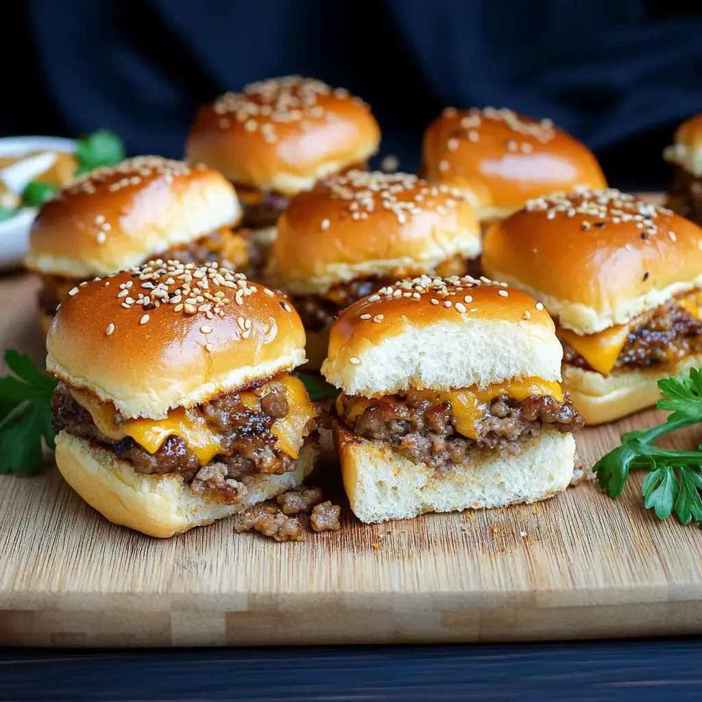 A wooden platter displays several cheeseburger sliders with sesame seed buns, some of which are cut in half to show the beef and cheese filling.