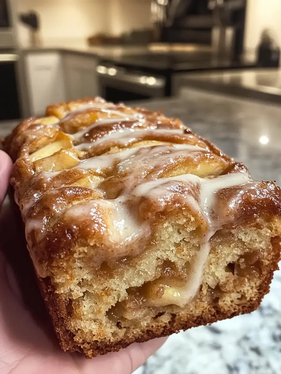 A close-up image of a hand holding a sliced loaf of glazed cinnamon apple bread, revealing a moist interior with apple pieces.