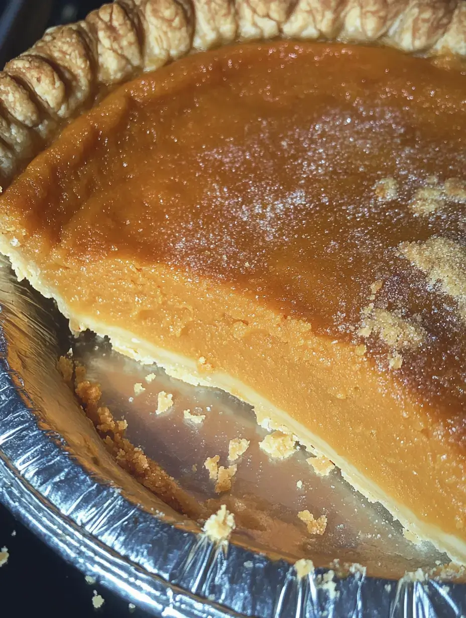 A close-up of a slice taken from a pumpkin pie, showcasing its smooth orange filling and flaky crust.