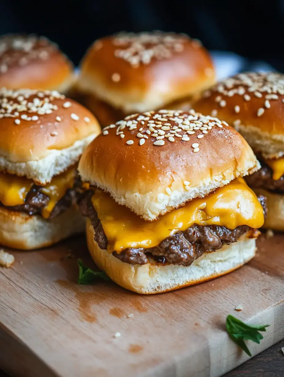 Several cheeseburger sliders with sesame seed buns are arranged on a wooden cutting board.