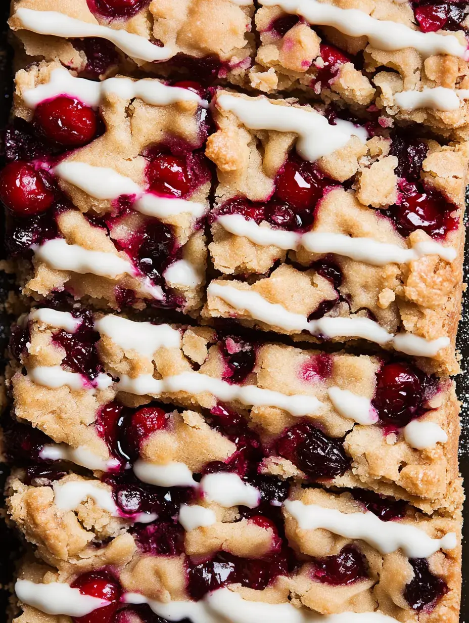 A close-up image of crumbly dessert bars topped with a creamy icing, featuring red berries throughout the filling.