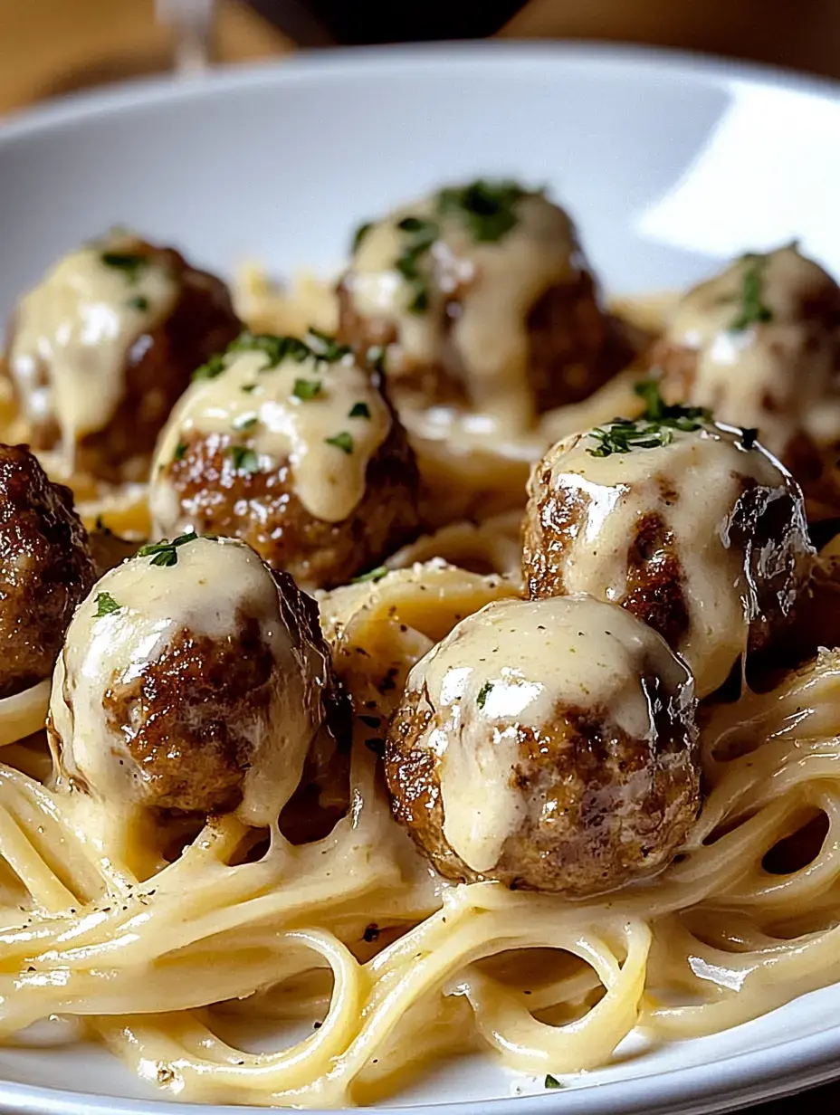 A plate of spaghetti topped with meatballs covered in creamy cheese sauce and sprinkled with parsley.