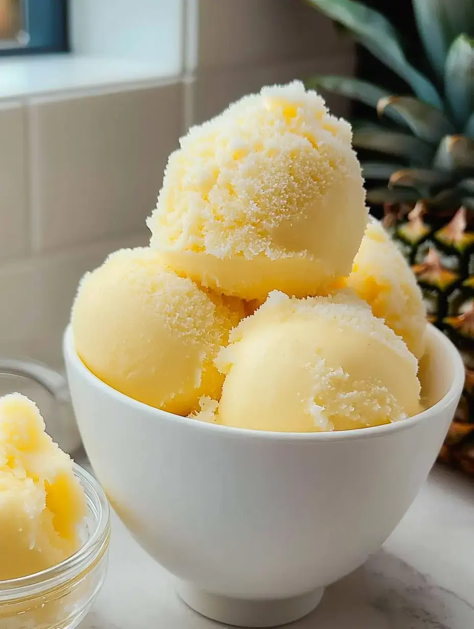 A bowl filled with several scoops of yellow ice cream, with a pineapple in the background.