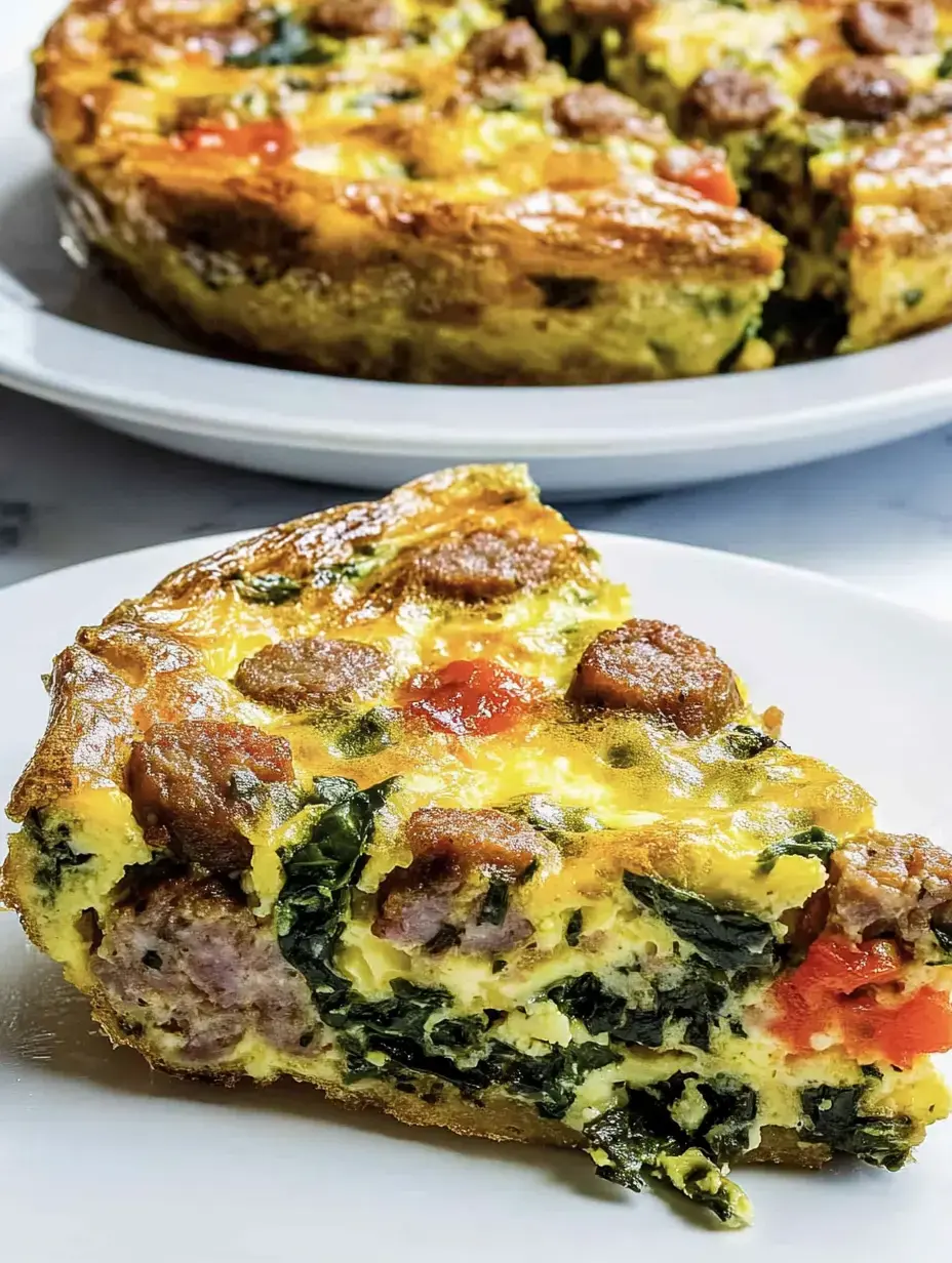 A slice of frittata featuring sausage, spinach, and peppers is displayed on a white plate, with the whole frittata in the background.