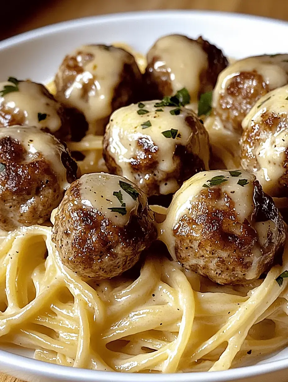 A bowl of spaghetti topped with meatballs and melted cheese, garnished with parsley.