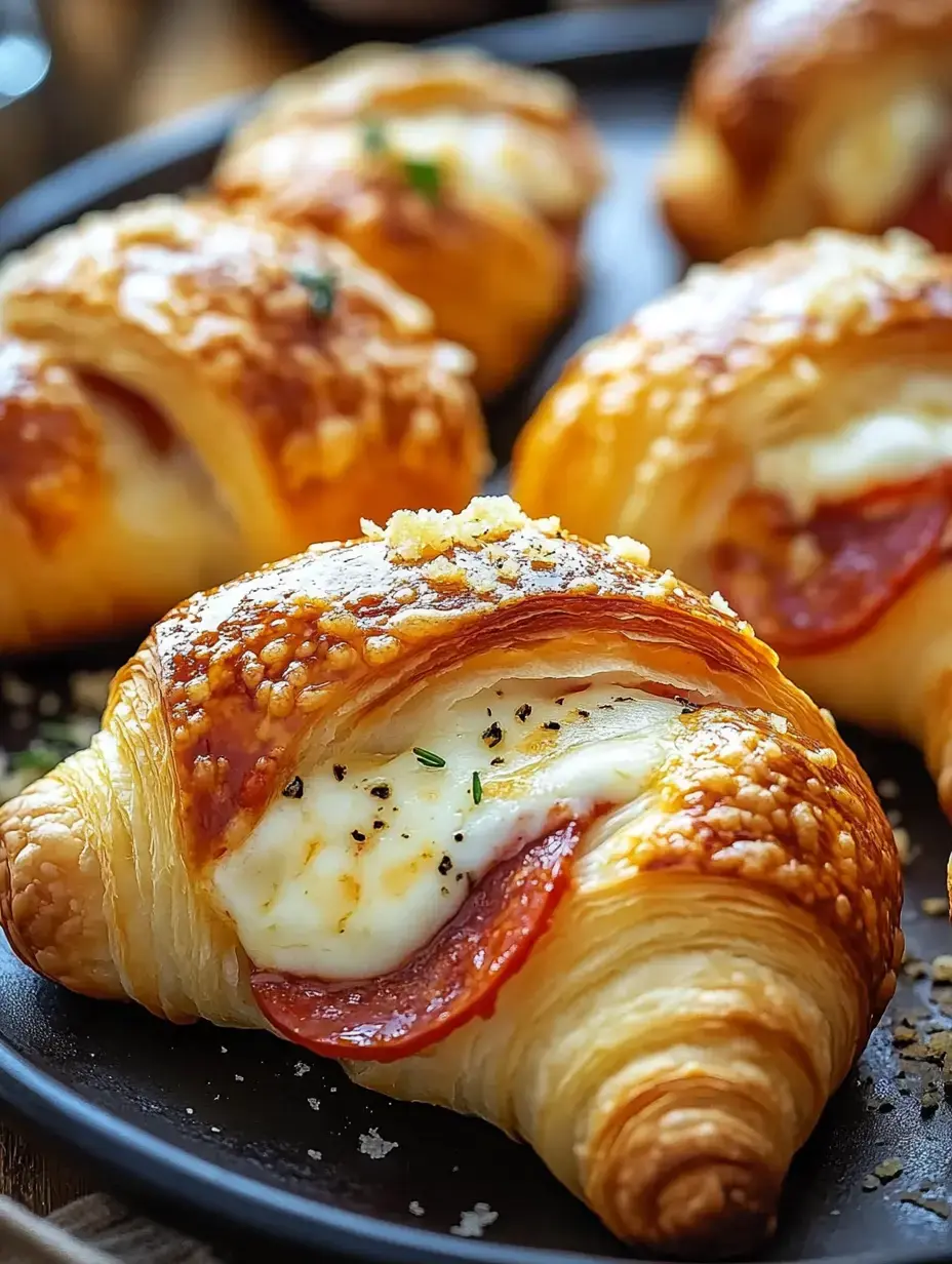 A close-up of golden-brown croissants filled with cheese and sliced pepperoni, garnished with herbs on a black plate.