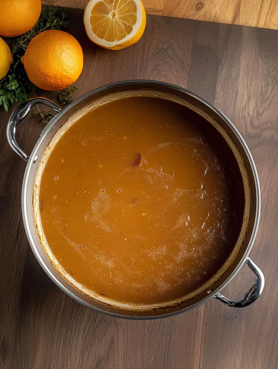 A pot of simmering brown sauce is placed on a wooden surface, accompanied by fresh oranges and a halved lemon.