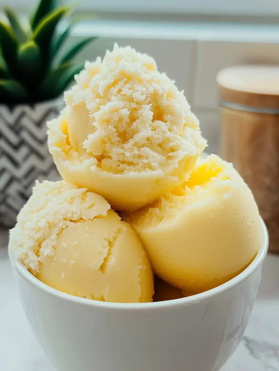 A bowl filled with three scoops of creamy yellow ice cream, accompanied by a small plant in the background.