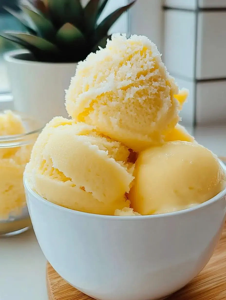 A white bowl filled with several scoops of yellow ice cream sits on a wooden surface, with a small glass dish of ice cream and a potted plant in the background.