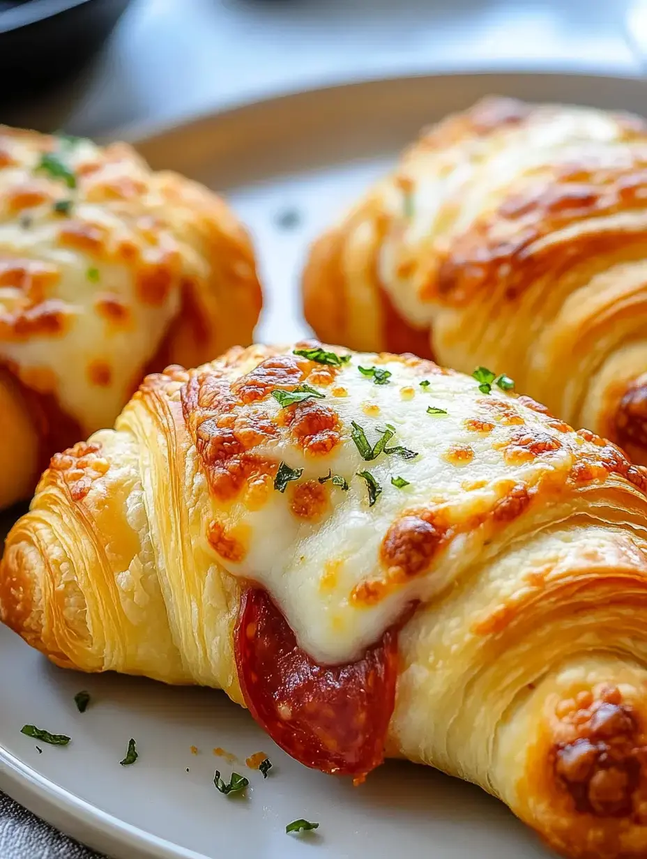 A close-up of flaky, golden croissants topped with melted cheese, pepperoni slices, and sprinkled with green herbs on a white plate.