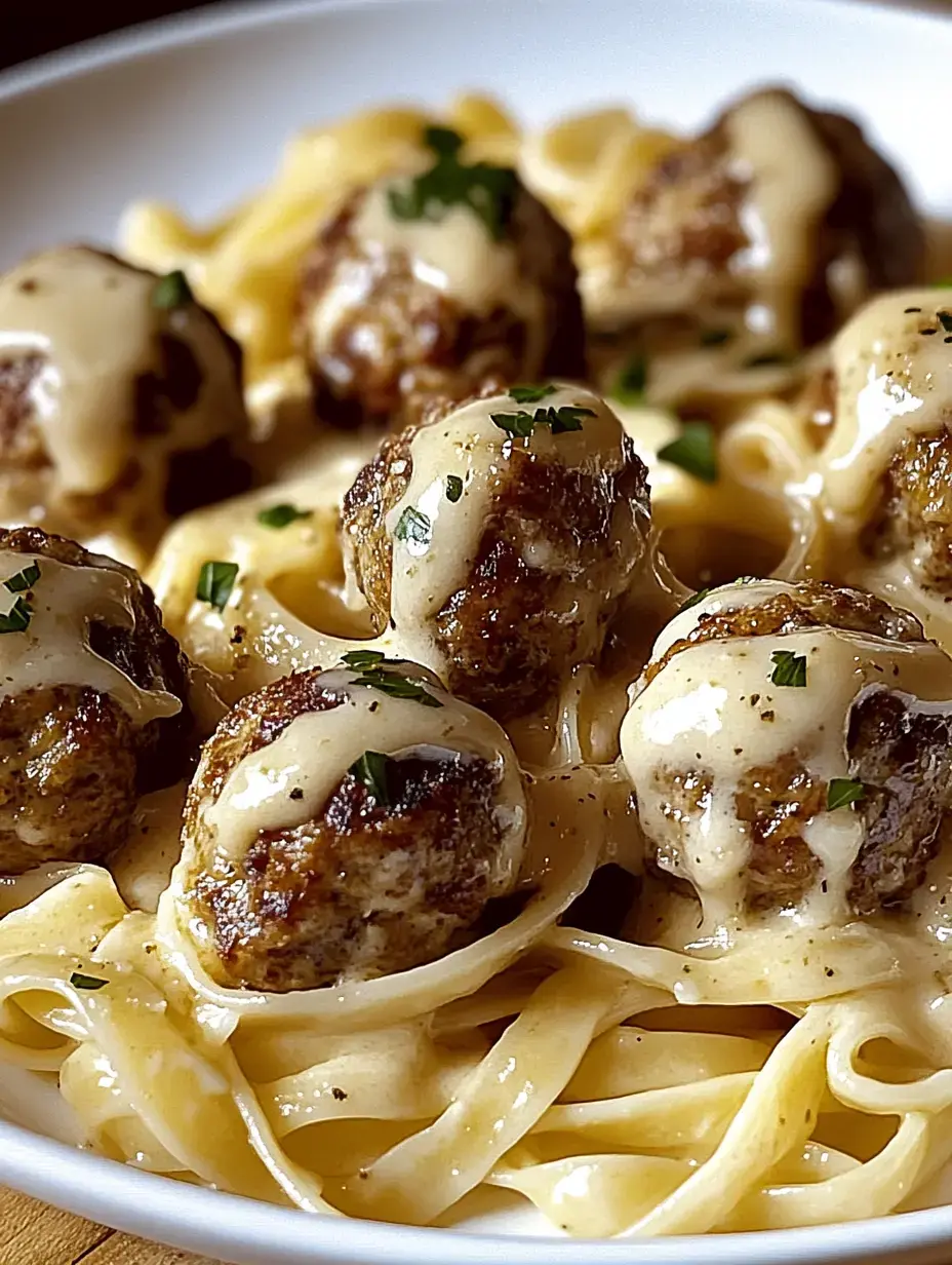 A close-up image of pasta fettuccine topped with meatballs and a creamy sauce, garnished with chopped parsley.