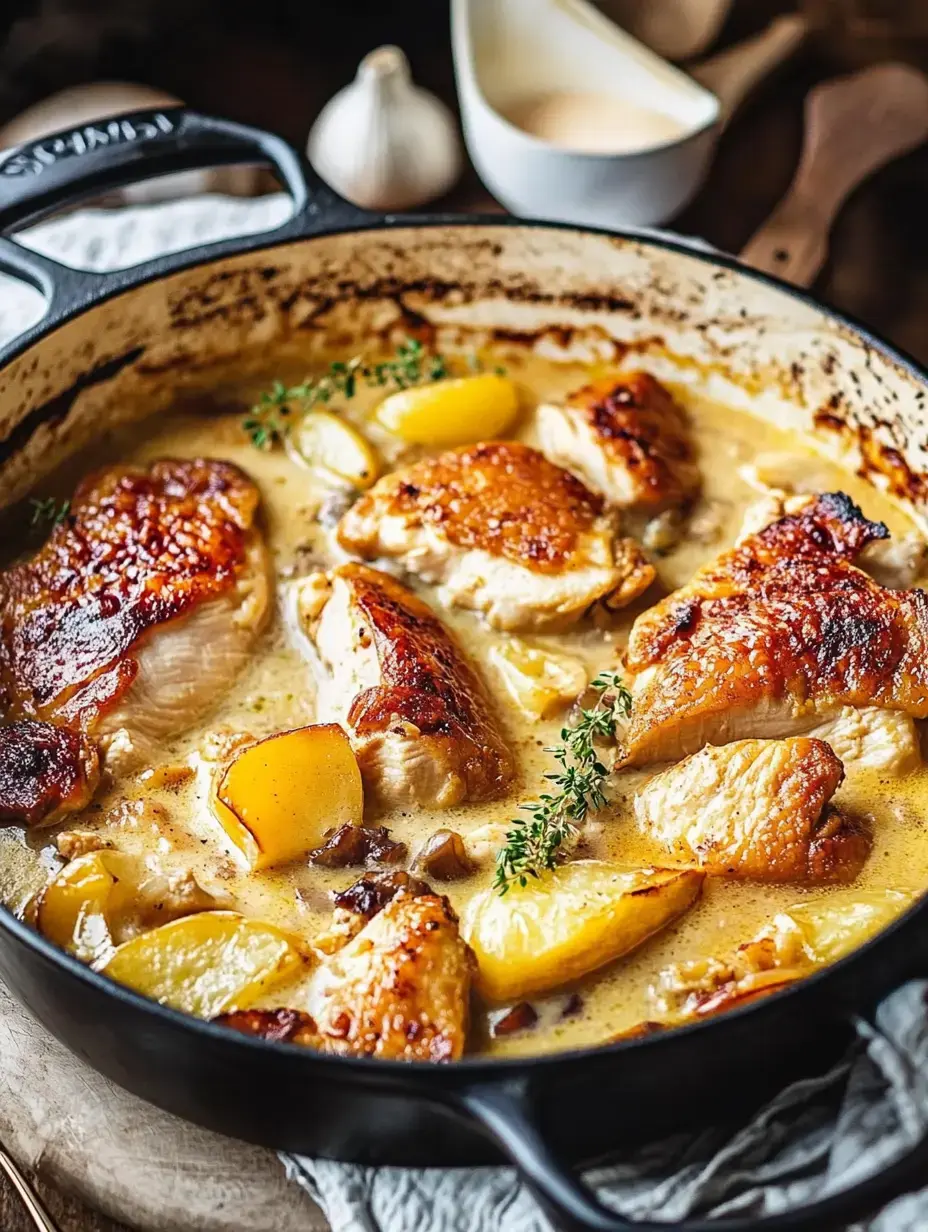 A skillet filled with golden-brown chicken pieces cooked in a creamy sauce with potatoes and garnished with fresh thyme.