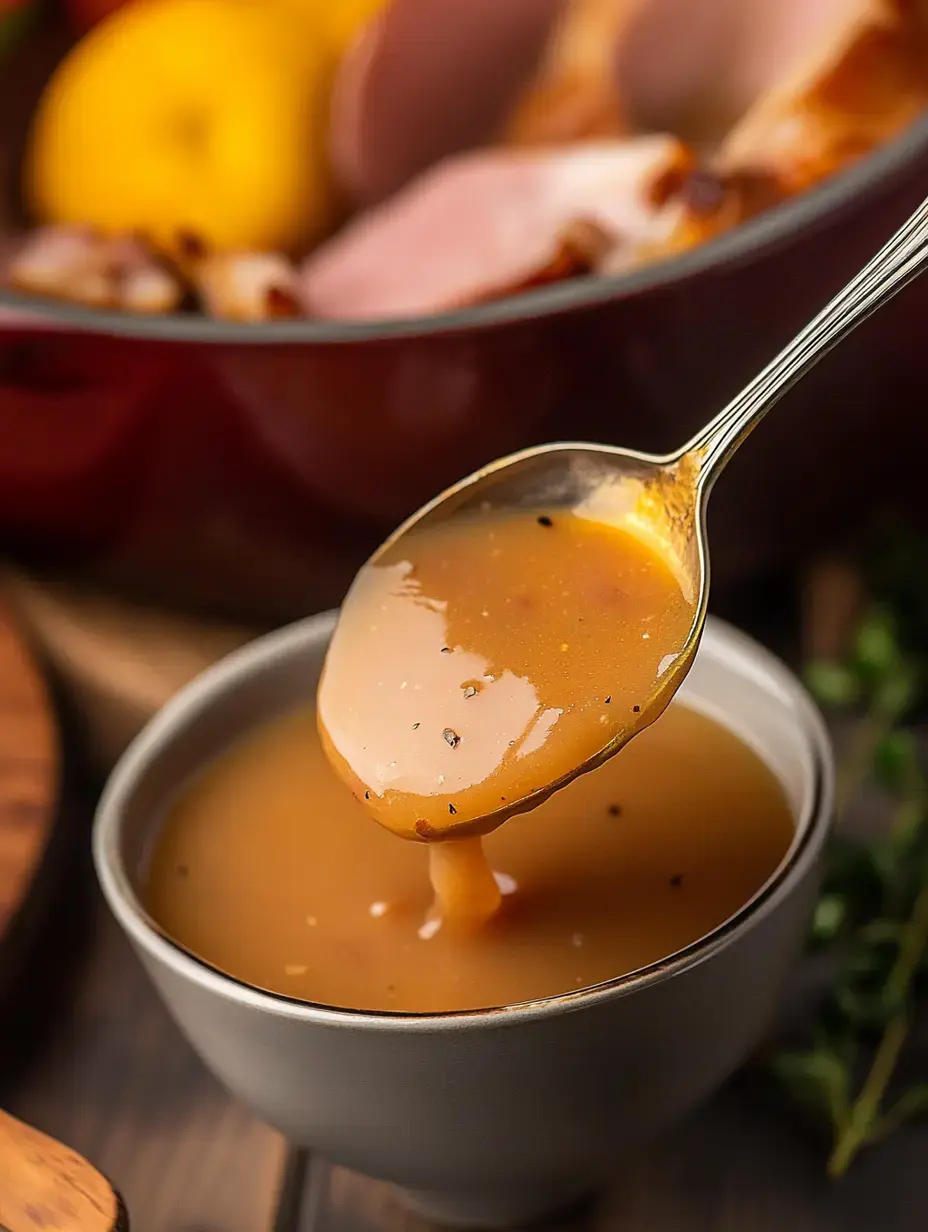 A spoon is lifting savory brown sauce from a small bowl, with blurred background elements of a cooked dish and fresh ingredients.