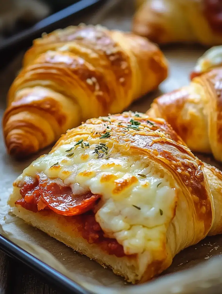 A close-up of golden, flaky croissants filled with melted cheese and pepperoni, garnished with herbs.