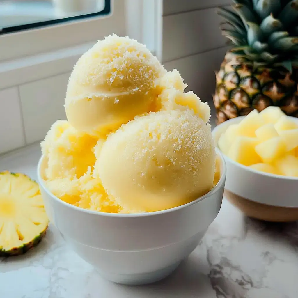 A bowl of three scoops of yellow coconut sorbet is displayed beside fresh pineapple and a bowl of diced pineapple.