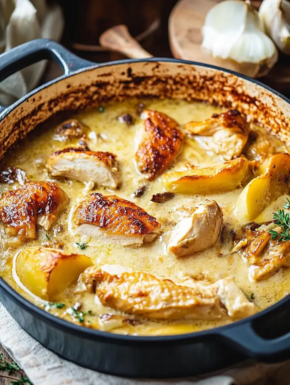 A close-up view of a pot filled with tender pieces of golden-browned chicken simmering in a creamy sauce with slices of potato and herbs.