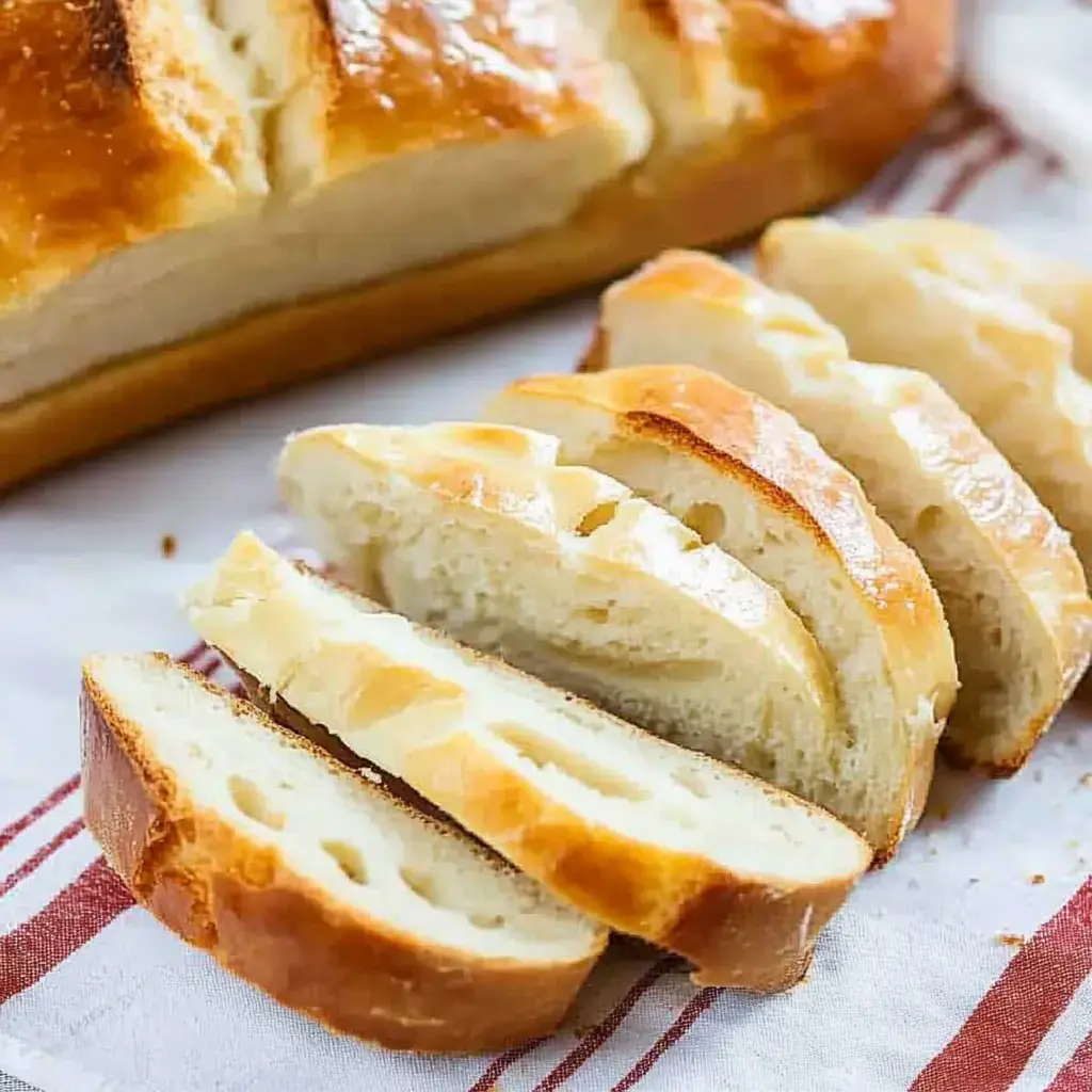 A freshly baked loaf of bread sliced into several pieces, placed on a cloth with red stripes.