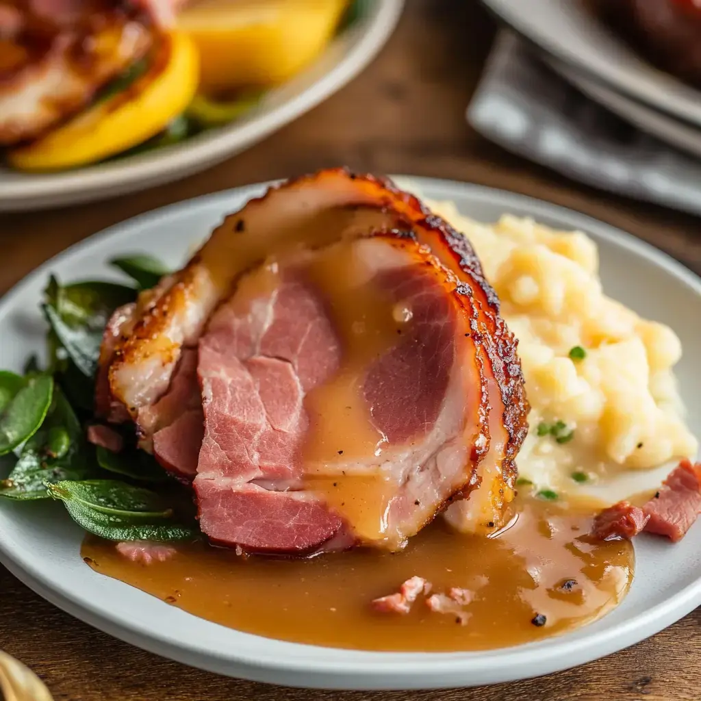 A plate of sliced, succulent ham smothered in gravy, served with creamy mashed potatoes and garnished with greens.