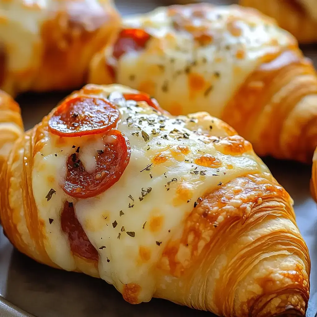 Baked croissants topped with melted cheese, pepperoni slices, and sprinkled with herbs.