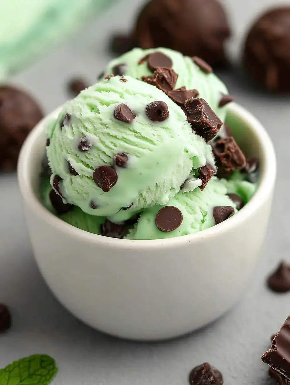 A small white bowl filled with mint chocolate chip ice cream topped with chocolate chunks and chocolate chips.