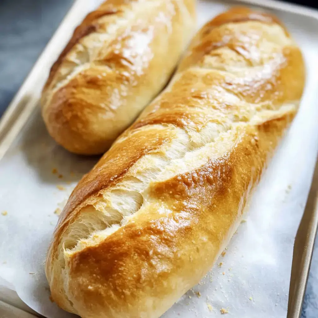 Two freshly baked baguettes with a golden-brown crust resting on parchment paper in a tray.