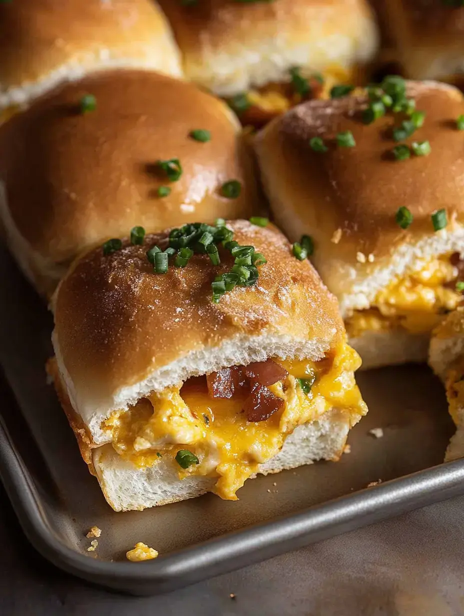 A close-up of cheesy scrambled egg and bacon filling peeking out from a soft, lightly toasted dinner roll, garnished with chopped green onions.