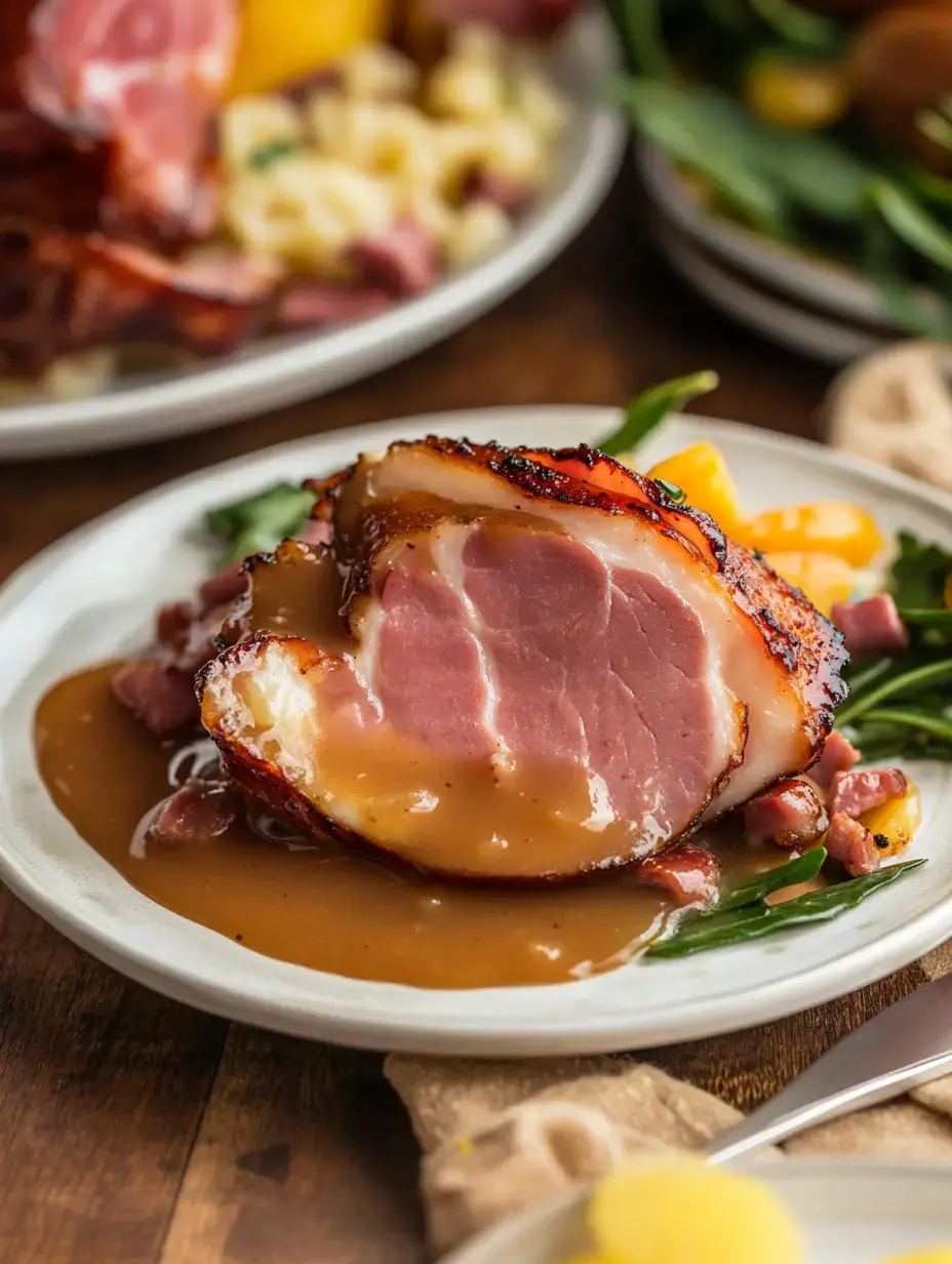 A slice of glazed ham topped with gravy sits on a plate alongside small pieces of ham and green beans.