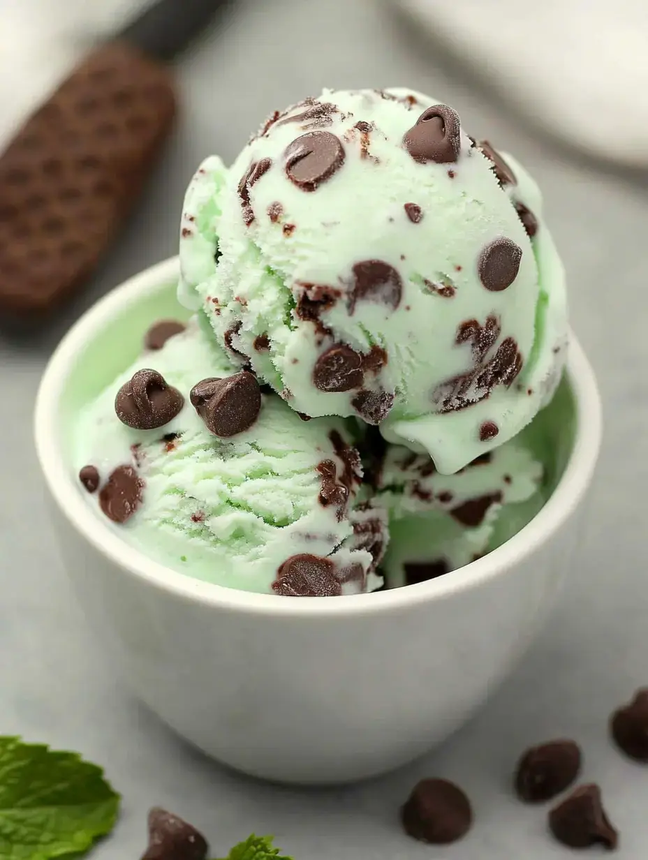 A bowl of mint chocolate chip ice cream with chocolate chips, surrounded by chocolate pieces and mint leaves.